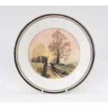 A Royal Doulton "Sarabande" pattern plate, with painted cottage in the countryside design by John