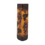 Galle Tip - A tall square cameo glass vase, with grape vine design, orange background. Marked "Galle