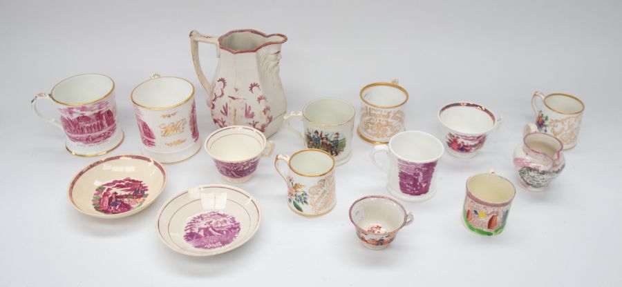 A collection of 19th Century pink lustre ware to include; large handled jug with masked lip, mug,