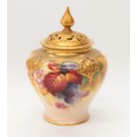 Royal Worcester - An early 20th century small pot pourri with hand painted still life "Fallen Fruit"