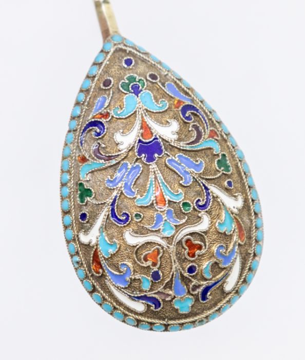 A Russian silver and cloisonne enamel spoon, coronet terminal, twist stem, marked on the side, gross - Image 4 of 4