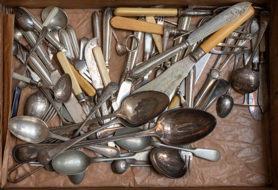 A collection of silver plated items including tea pots, tray, spoons, dish with a box of plated - Image 2 of 3