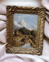 An early 20th Century oil on mill board painting, river scene subject, signed A Ashley