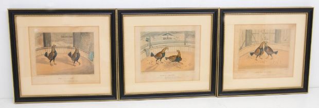 A set of five hand tinted engraved prints depicting Cock Fighting scenes, drawn and engraved by C.R.