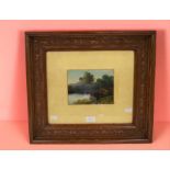 Oil painting framed in an ornately carved, early 20th century, oak picture frame, in the Black