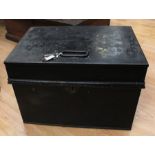 A large black fire resistant safe/strongbox with heavy wooden innards, marked Milner & Son of