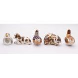 Five Royal Crown Derby gold stopper paperweights to include; a Cat, a Wren (nibble to beak), a Duck,