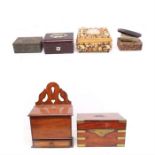 A mixed lot to include; a J. Bramah brass and mahogany sewing/vanity box converted to tea caddy,