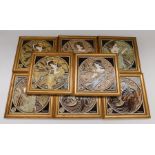 A collection of framed 20th Century Art Nouveau designed tiles showing "Spring, Summer, Autumn and