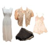 An eclectic box of vintage lingerie to include: a peach 1930 chiffon bed jacket; a 1939/40 satin