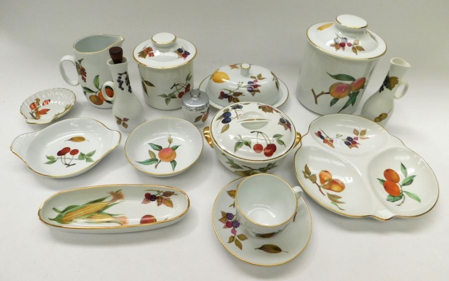 A large collection of Royal Worcester Evesham dinner, tea and coffee wares including cake stands and