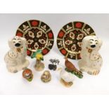 A pair of Abbeydale 10½" plates, Staffordshire dogs, Beswick birds and Royal Albert Beatrix Potter