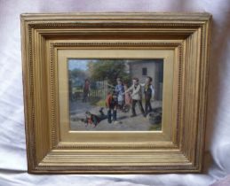 A 19th Century English School oil on board of children playing, signed bottom left, 28 x 22cms