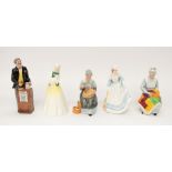 5 Royal Doulton figurines, to include: 'Summertime', 'Springtime', 'Embroidering', 'Eventide' and '