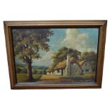 A framed print of a hay cart, a large mid 20th century oil on canvas furnishing picture, and a