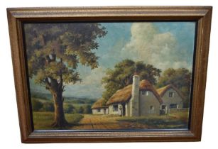 A framed print of a hay cart, a large mid 20th century oil on canvas furnishing picture, and a