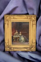 A 19th Century Continental School oil on board of two ladies drinking tea around a small marble