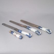Three French porcelain handled knives and one porcelain handle decorated in blue and white  Date: