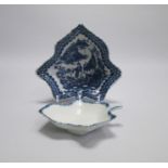 Two Caughley Blue and White Leaf Shaped Pickle Dishes. The larger one with The Fisherman Pattern.