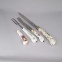 A small selection of German porcelain knife and fork handles, painted with birds, Chinese figures
