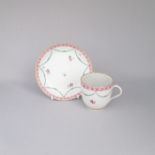 A Derby porcelain Coffee Cup and Saucer of fine fluted form, painted with a puce border and green