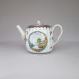 A Worcester Dalhousie fluted barrel shaped teapot and cover, with ear shaped handle and flower