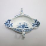 A Worcester Blue and White small sized twin handled Sauce Boat , painted with a Chinese Lake