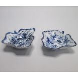 Two Bow Blue and White Leaf Shaped Pickle Dishes  each painted with a variation of The Grapevine