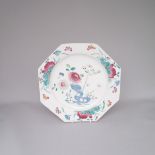 A Bow Porcelain Octagonal Plate. Decorated with Painted Chrysanthemums, a Holed Rock & Bamboo in