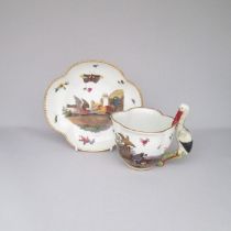 A late 19th early 20th century Meissen Large cup and saucer of quadrilobed shape, with a stork