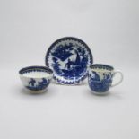 A Caughley  porcelain blue white and gilt trio, coffee cup, tea bowl and saucer, decorated with