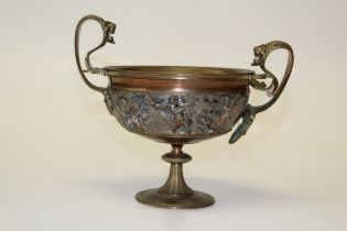 A late 19th century bronze and white metal Grand Tour - type twin handled tazza, 21cm high