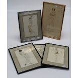 Four early 20th century costume/stage production watercolour figural studies, including Harlequin