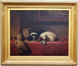 M E W ( 19th century English School) Two King Charles Cavalier Spaniels, recumbent on a draped