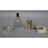 A selection of desktop items comprising a silver collared cut glass scent bottle, Chester