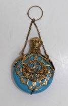 An early 20th century, probably French bleu celeste porcelain and gilt metal overlaid scent bottle