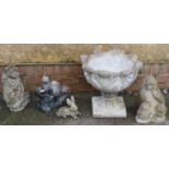 A reconstituted stone petal moulded garden planter, 45 x 49cm, together with four animal garden