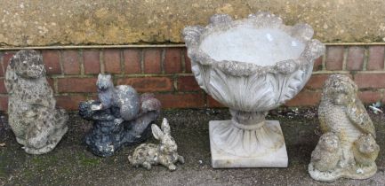 A reconstituted stone petal moulded garden planter, 45 x 49cm, together with four animal garden