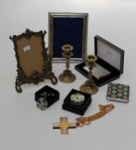 A small mixed lot of decorative items including two easel photograph frames, Ronson cigarette/card