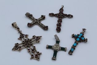 A collection of five gemset 925 stamped gemset crosses featuring a green agate and marcasite set