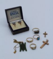 A collection of gold and other jewellery comprising a pair of paste and yellow metal earrings (tests
