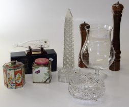 A small mixed lot of kitchenalia and glassware, including a cut glass obelisk, oversized brandy