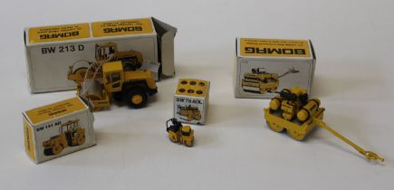 Bomag, four models, boxed. Roller BW213D, double, Roller BW905, small, Roller BW75ADL and another