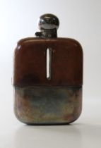 An Edwardian leather bound gentleman's hip flask with EP mounts and mushroom bayonet cap, 16cm