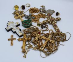 A collection of gold plated and costume jewellery featuring a large ( 13.2 x 9.5cm approximately)