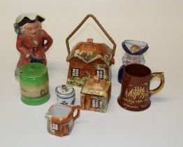 Three pieces of Price's cottageware, A Long John Silver musical character jug, a Dartmouth Pottery