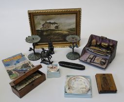 A mixed lot of collector's items, including a set of boxed bone dominoes, Edwardian lady's vanity