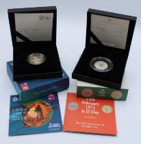 The 50th Anniversary of Decimal Day. 2021 50p silver proof Piedfort coin, 2018 RAF Centenary