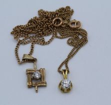 Two 9ct pendants on chains, each set white stone, possibly cubic zirconia