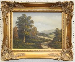 H Clifton ( 20th century) A peaceful late summer landscape with mature trees and hills to the far